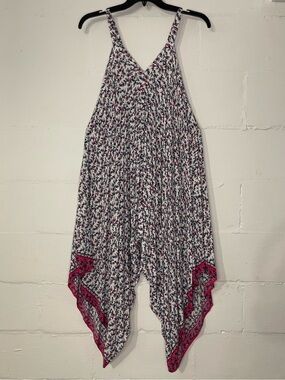En Creme White Floral Handkerchief-Hem Jumpsuit with Navy and Pink Print